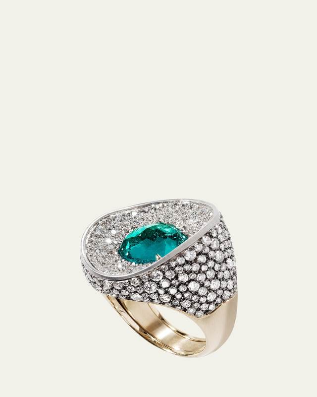 18K Gold Oak Pave Diamond and Columbian Emerald Ring